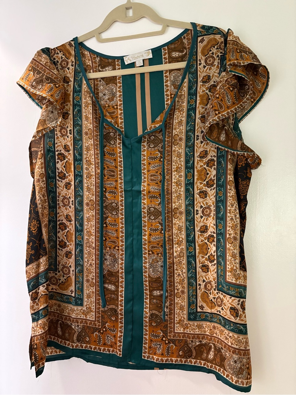 Suzanne Betro Teal & Brown Paisley Stripe Flutter Sleeve Blouse
